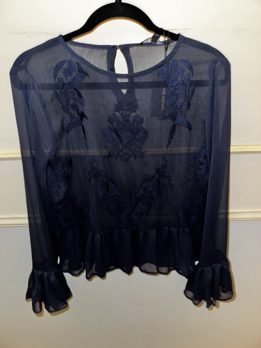 Walter Baker Navy Blue Sheer Embroidered Ruffle Sleeve Peplum Blouse S Beth
